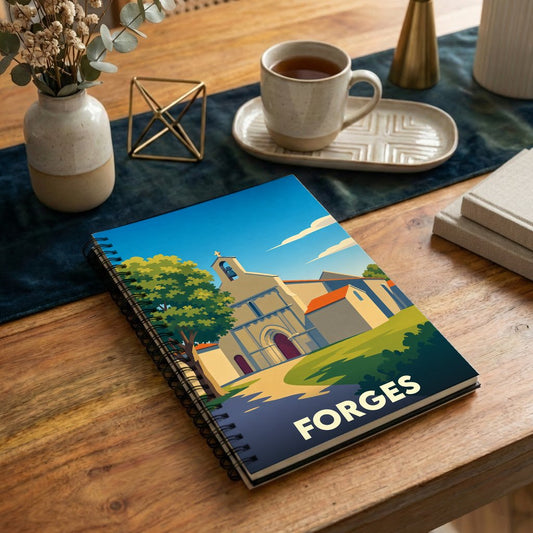 Carnet souvenir de la ville de Forges avec une illustration stylisée de son église.