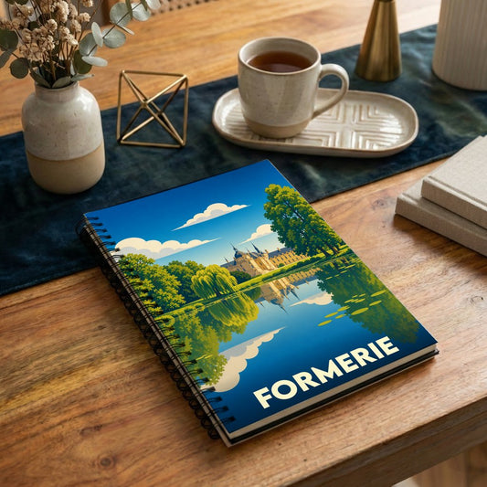 Carnet à spirales souvenir de la ville de Formerie avec une illustration stylisée d'un château se reflétant dans l'eau.