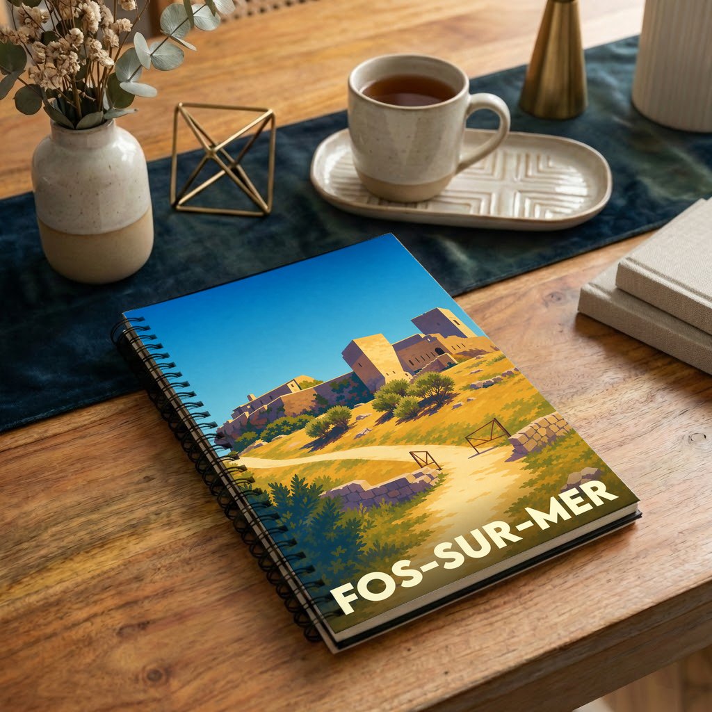 Carnet souvenir de la ville de Fos-sur-Mer avec une illustration stylisée d'un château provençal sous un ciel bleu.