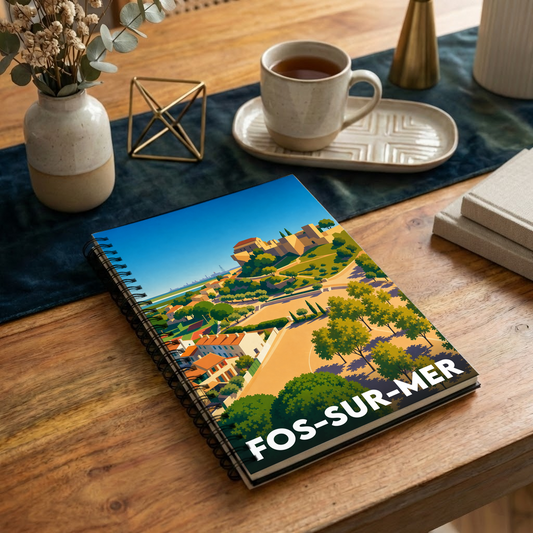 Carnet souvenir de la ville de Fos-sur-Mer avec une illustration stylisée et colorée.