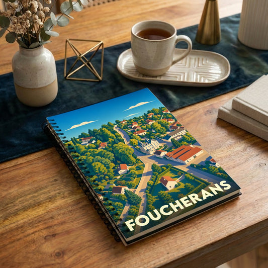 Carnet à spirales souvenir de la ville de Foucherans avec une illustration stylisée et colorée.