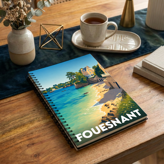 Carnet souvenir de la ville de Fouesnant orné d'une illustration stylisée de son littoral.