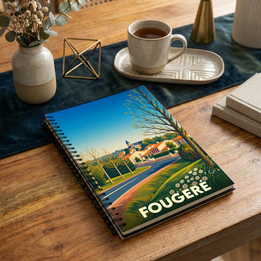 Carnet à spirales souvenir de la ville de Fougeré avec une illustration paysagère stylisée.