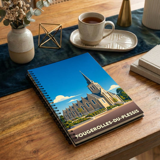 Carnet à spirales souvenir de la ville de Fougerolles-du-Plessis avec une illustration stylisée de son église.