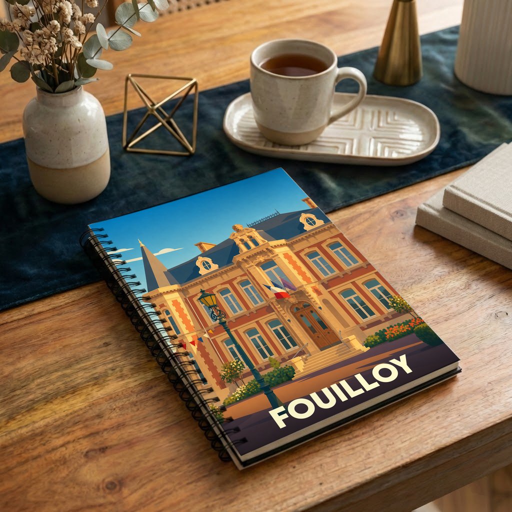 Carnet souvenir de la ville de Fouilloy avec une illustration stylisée de son hôtel de ville.