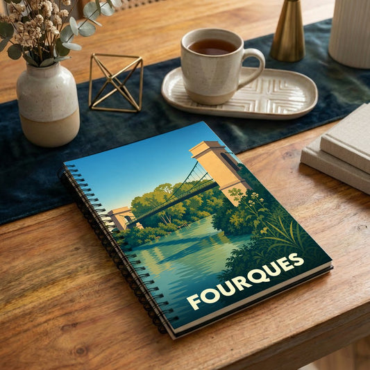 Carnet souvenir de la ville de Fourques avec une illustration stylisée de son pont suspendu.