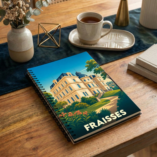 Carnet souvenir de la ville de Fraisses avec une illustration stylisée d'un château.