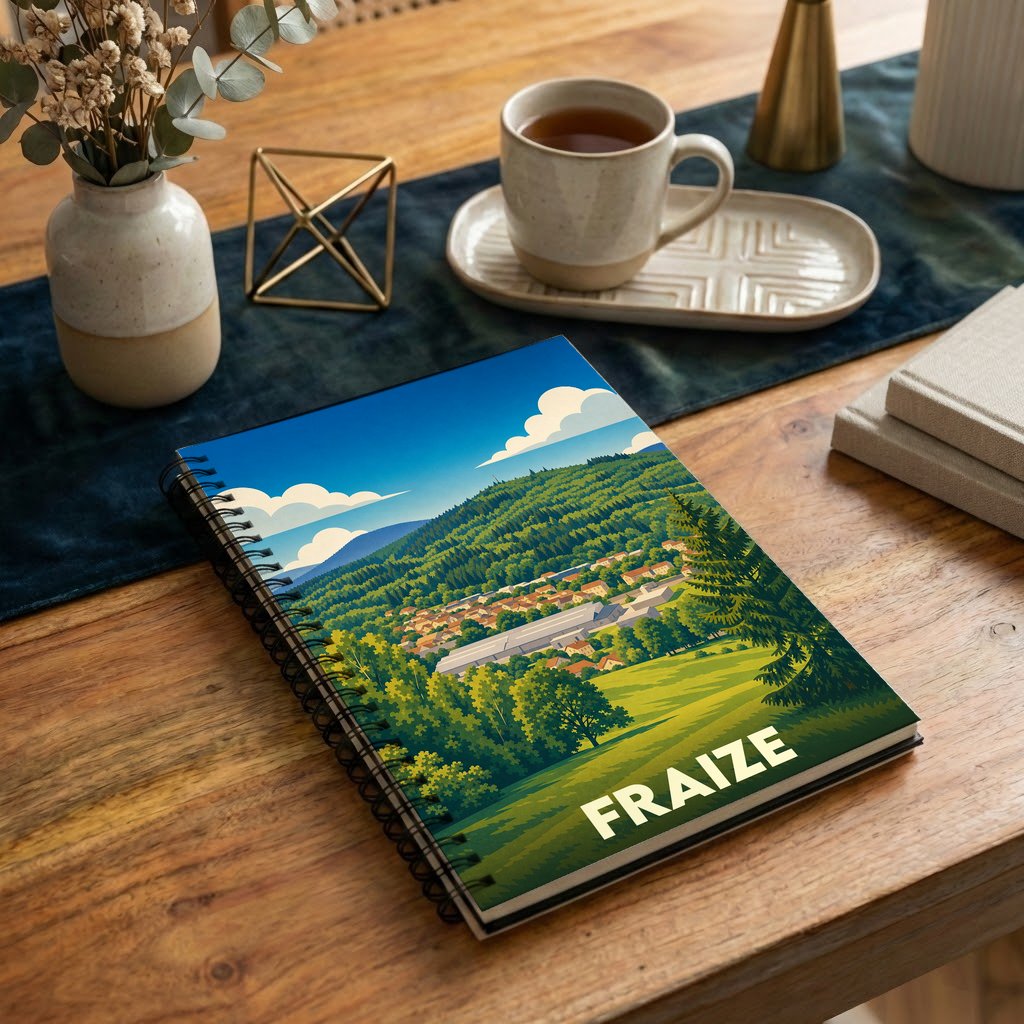 Carnet à spirales souvenir de la ville de Fraize orné d'une illustration paysagère stylisée.