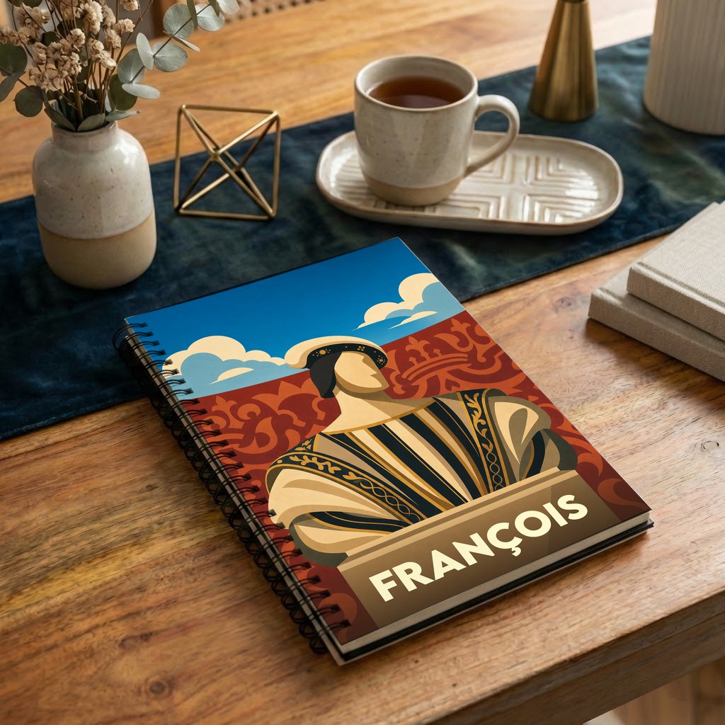 Carnet souvenir de la ville de François avec une illustration stylisée d'un personnage historique sur fond de ciel bleu.
