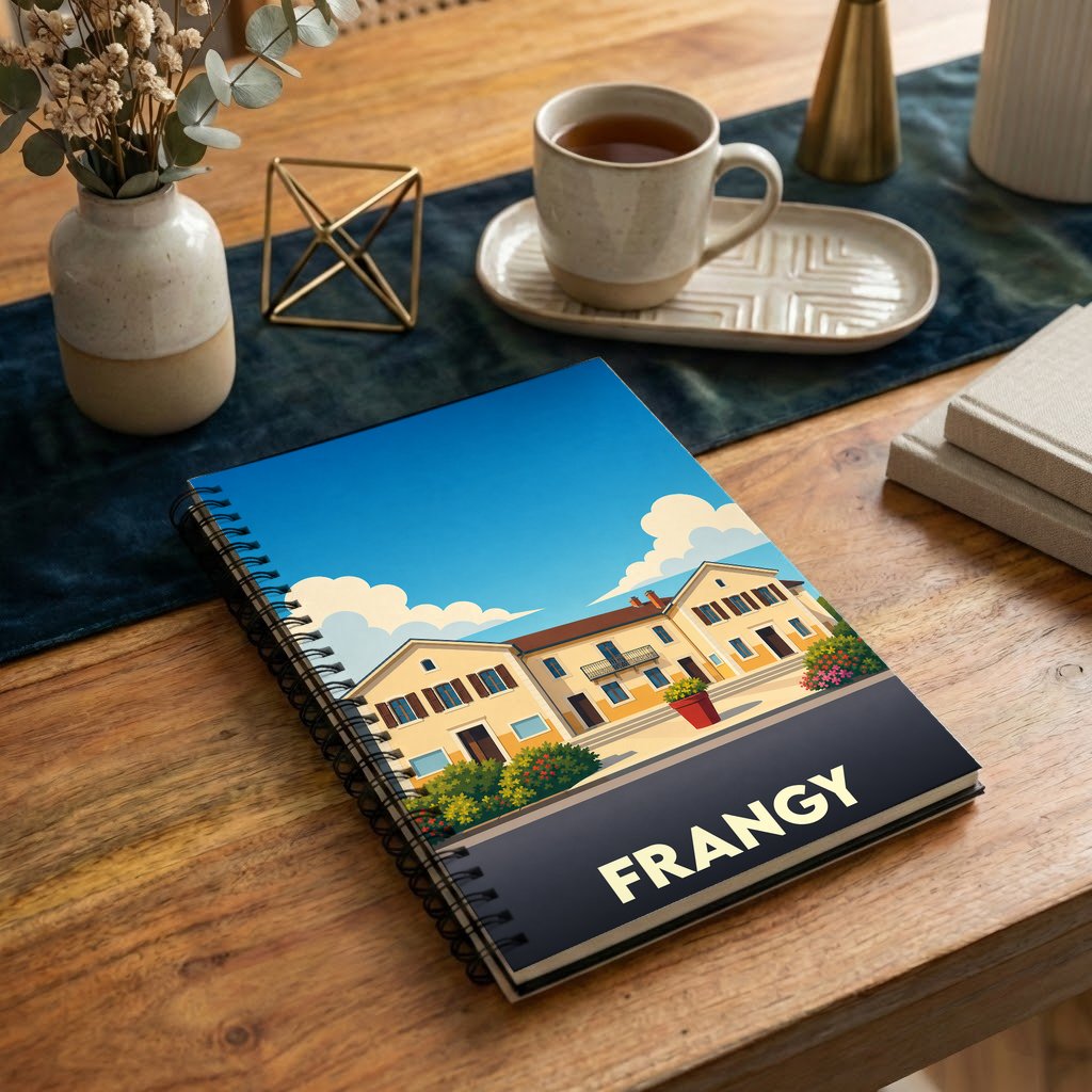 Carnet souvenir de la ville de Frangy avec une illustration stylisée.