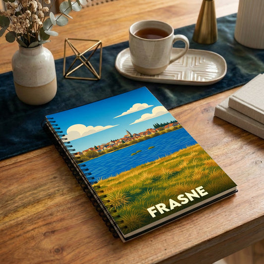 Carnet à spirales souvenir de la ville de Frasne avec une illustration stylisée de son paysage.