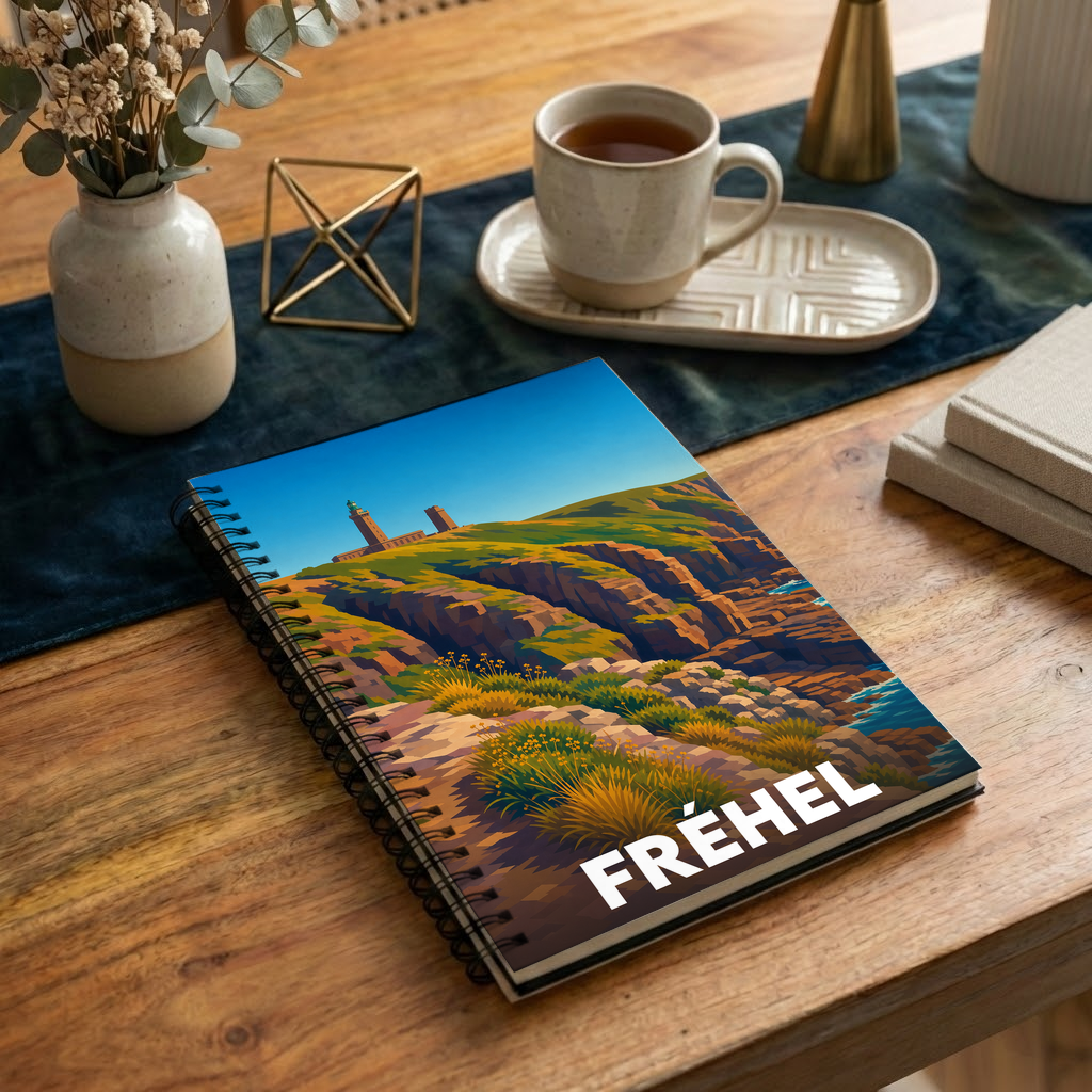 Carnet souvenir de la ville de Fréhel avec une illustration stylisée de son littoral.