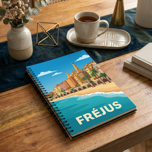 Carnet souvenir de la ville de Fréjus avec une illustration stylisée de son bord de mer.