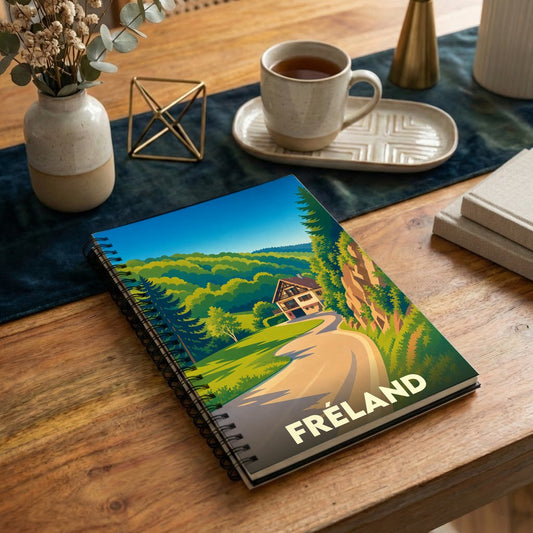 Carnet souvenir de la ville de Fréland avec une illustration stylisée de paysages alsaciens.