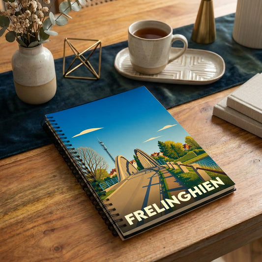 Carnet à spirales souvenir de la ville de Frelinghien avec une illustration stylisée de son pont.