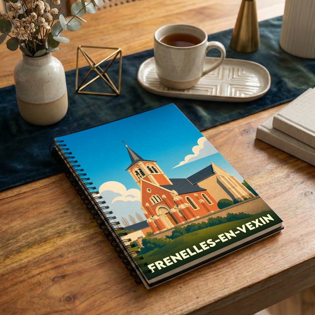 Carnet de notes souvenir de la ville de Frenelles-en-Vexin avec une illustration stylisée de son église.