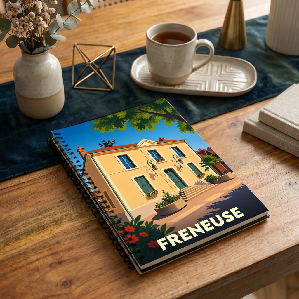 Carnet de notes souvenir de la ville de Freneuse avec une illustration stylisée d'une maison de maître ensoleillée.