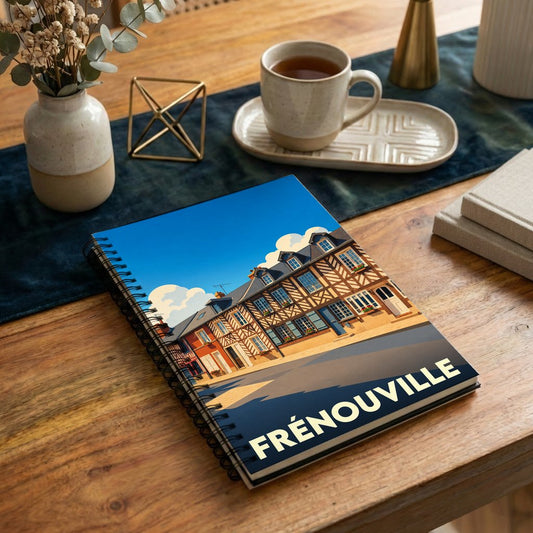 Carnet souvenir de la ville de Frénouville avec une illustration stylisée de maisons à colombages.