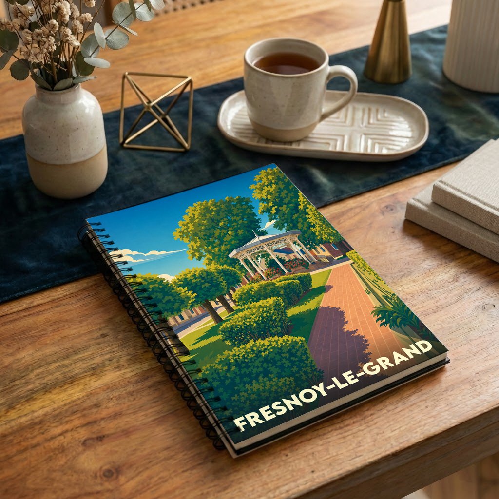 Carnet souvenir de la ville de Fresnoy-le-Grand avec une illustration stylisée de son kiosque et de son parc.