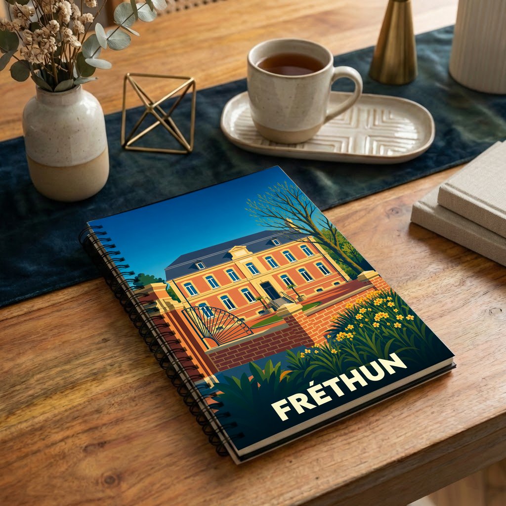 Carnet souvenir de la ville de Fréthun avec une illustration stylisée d'un manoir.