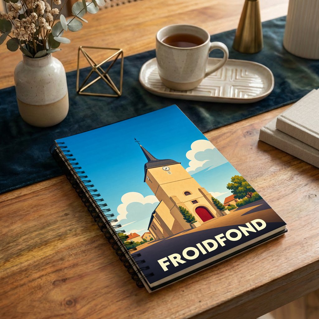 Carnet à spirales souvenir de la ville de Froidfond avec une illustration stylisée de son église sous un ciel bleu.