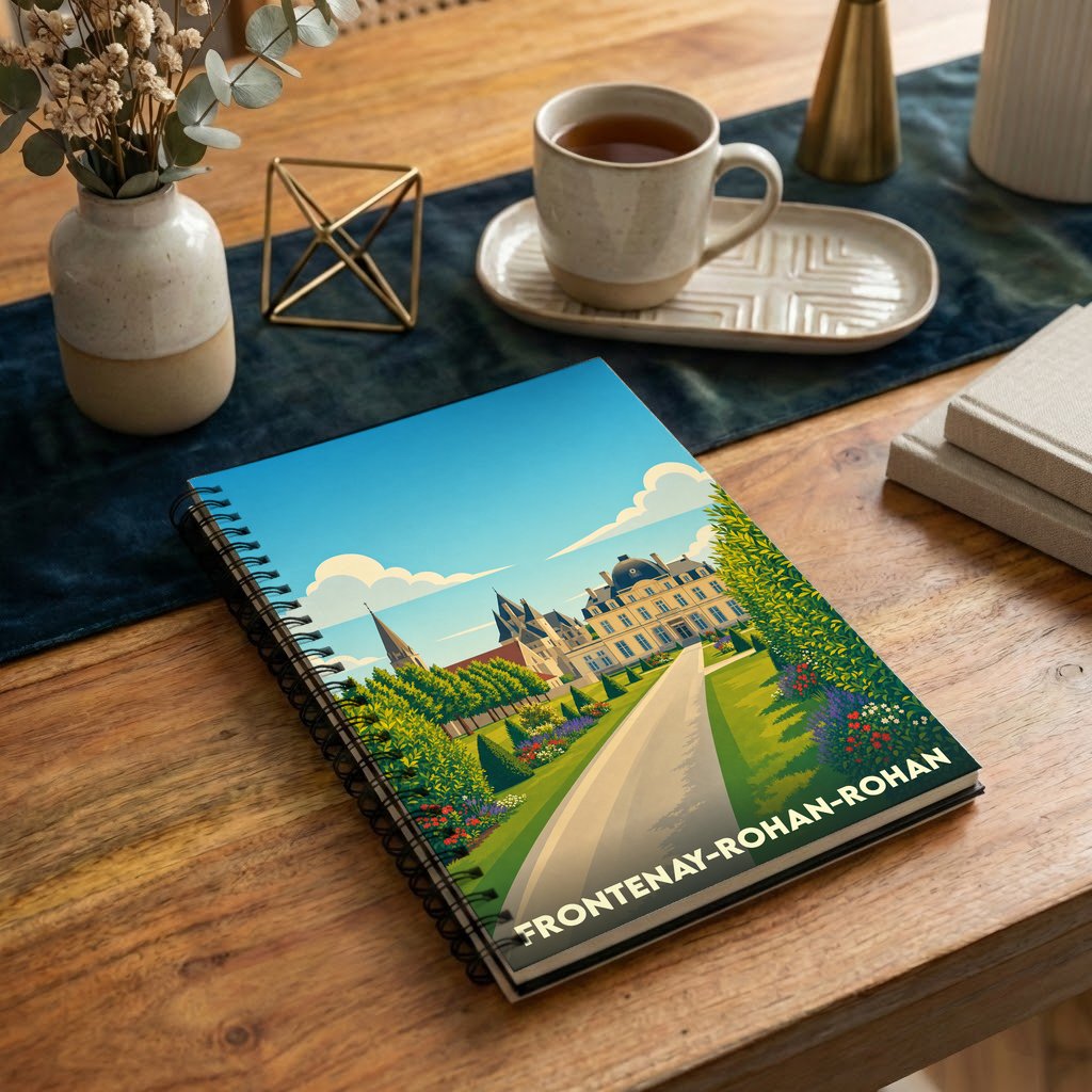 Carnet à spirales souvenir de Frontenay-Rohan-Rohan illustré d'un château et de ses jardins.