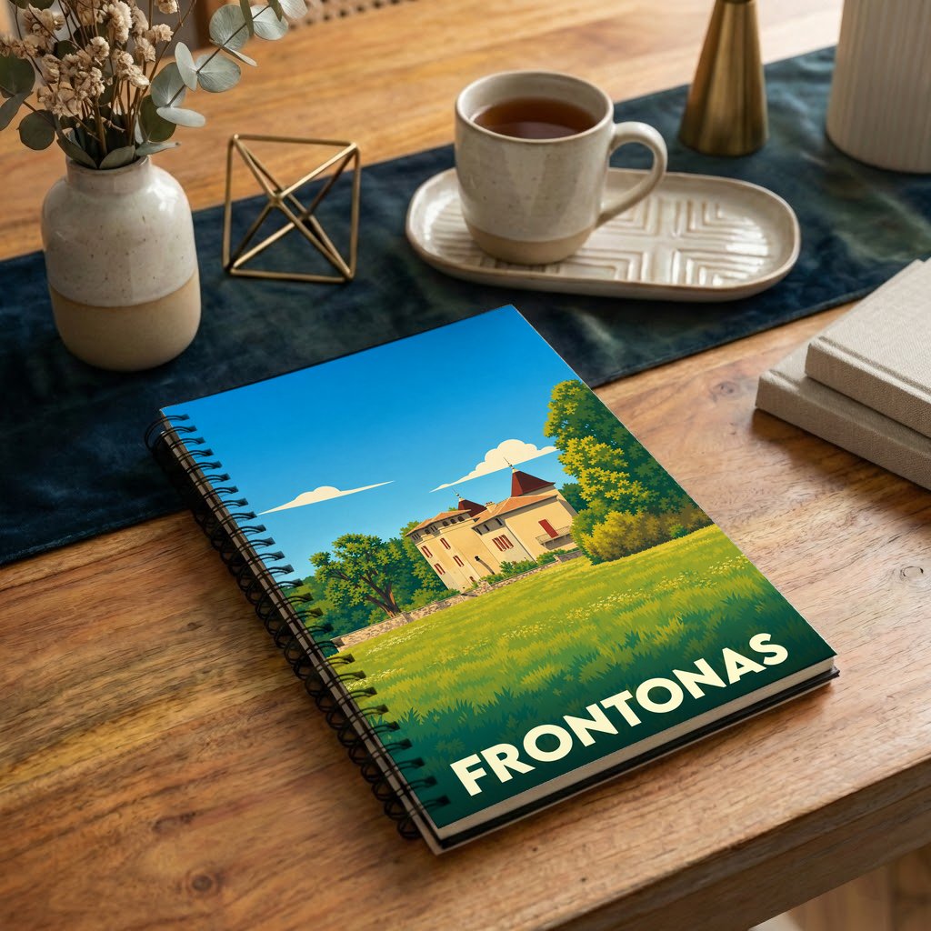 Carnet souvenir de la ville de Frontonas avec une illustration stylisée d'un château.