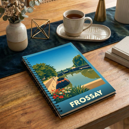Carnet souvenir de la ville de Frossay avec une illustration stylisée d'un canal et d'une péniche.