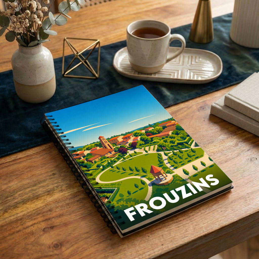 Carnet à spirales souvenir de la ville de Frouzins avec une illustration stylisée de son paysage urbain et de ses parcs.