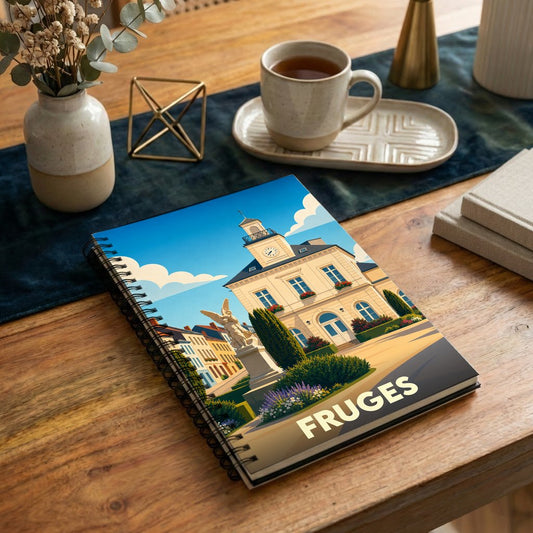 Carnet à spirales souvenir de la ville de Fruges avec une illustration stylisée de son hôtel de ville.