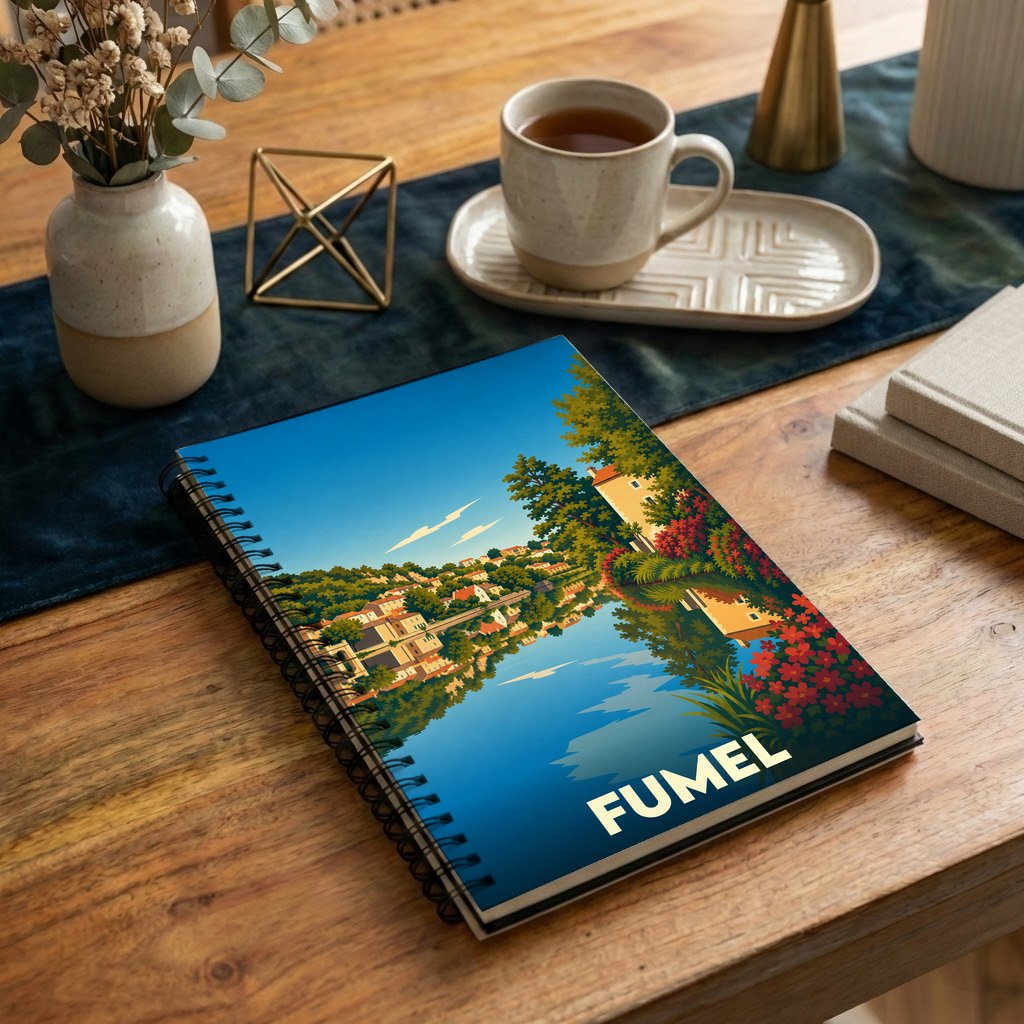 Carnet de notes souvenir de la ville de Fumel avec une illustration stylisée des bords du Lot.