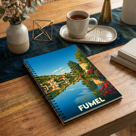 Carnet de notes souvenir de la ville de Fumel avec une illustration stylisée des bords du Lot.