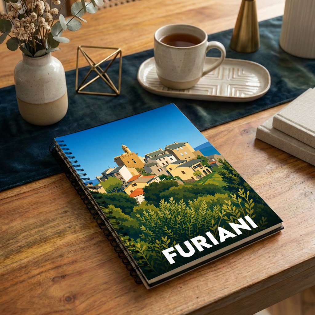 Carnet à spirales souvenir de la ville de Furiani illustré d'un paysage urbain stylisé.