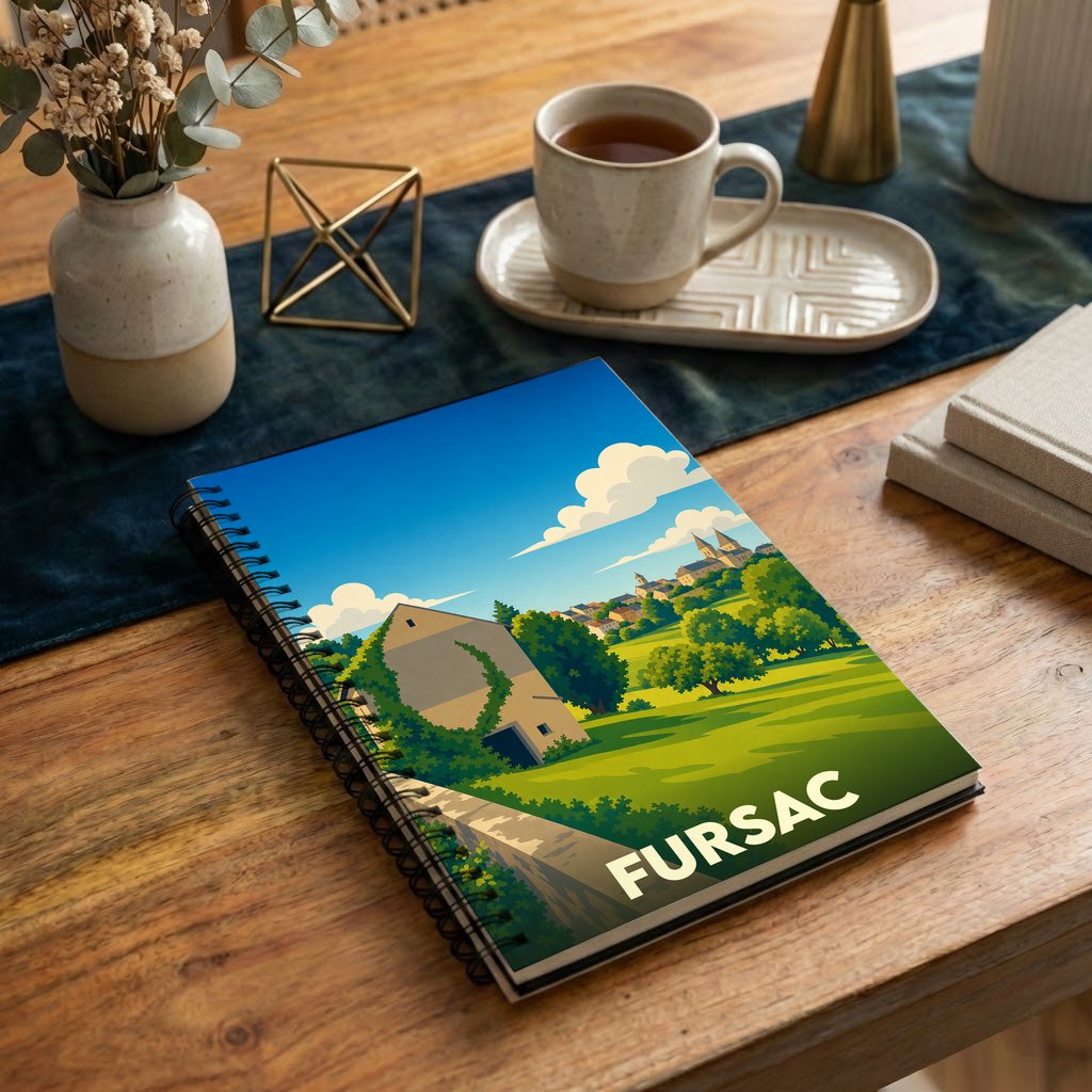 Carnet à spirales souvenir de la ville de Fursac avec une illustration paysagère stylisée.