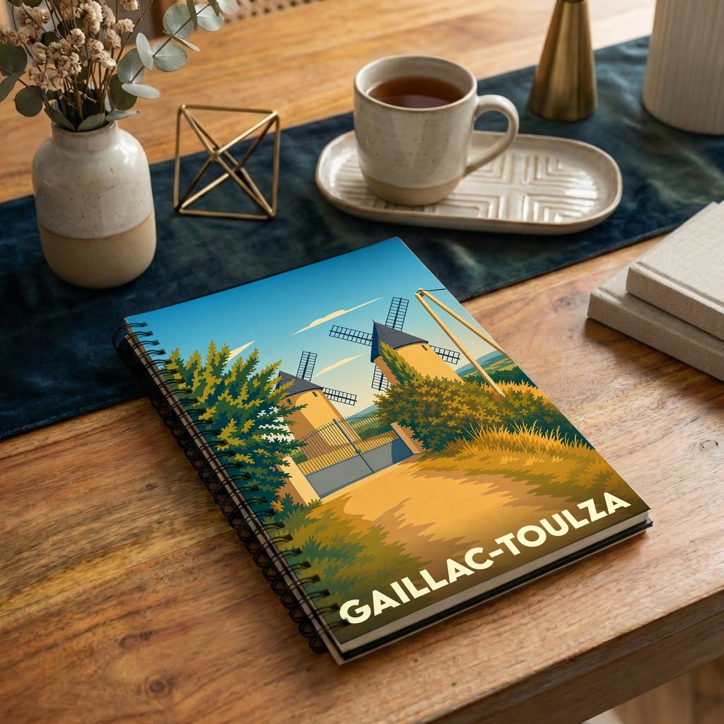 Carnet à spirales souvenir de Gaillac-Toulza illustré par deux moulins à vent stylisés dans un paysage ensoleillé.