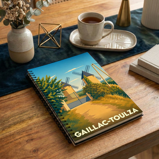 Carnet à spirales souvenir de Gaillac-Toulza illustré par deux moulins à vent stylisés dans un paysage ensoleillé.