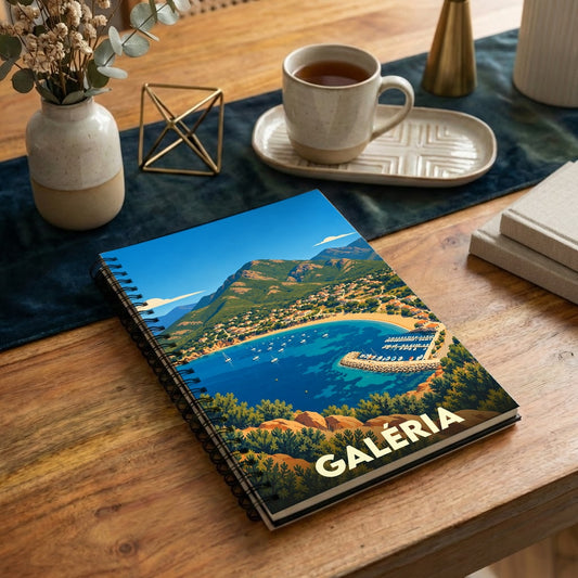 Carnet à spirale souvenir de la ville de Galéria avec une illustration stylisée de sa baie.