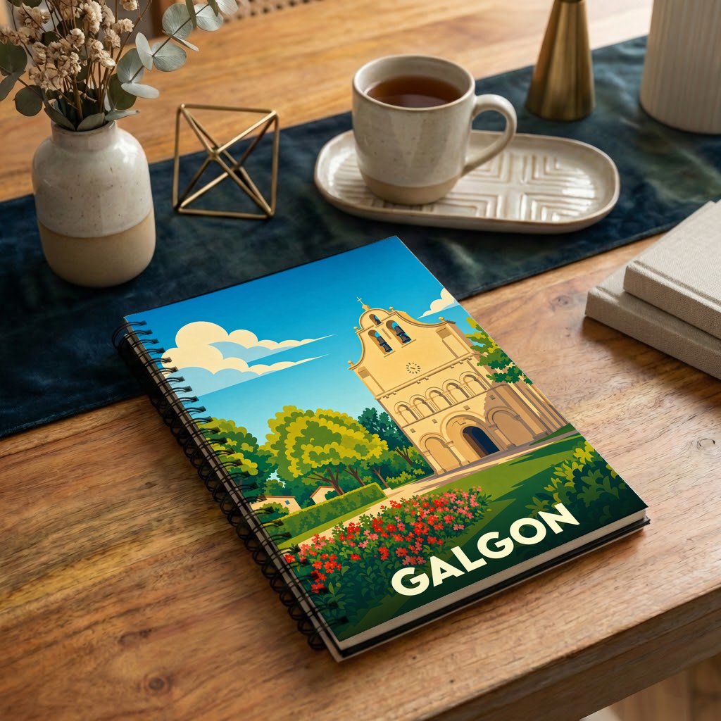 Carnet à spirales souvenir de la ville de Galgon avec une illustration stylisée de son église et de son paysage.