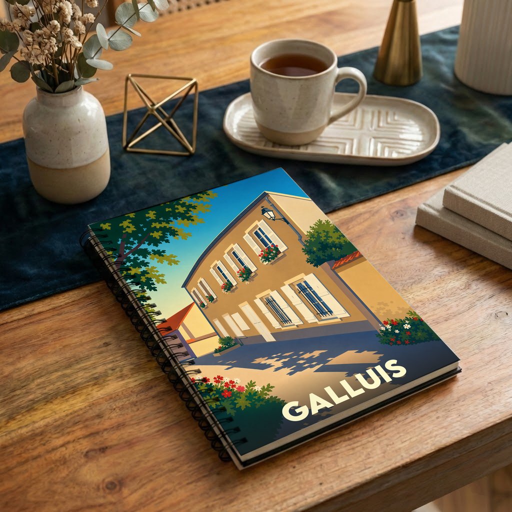 Carnet à spirale souvenir de la ville de Galluis avec une illustration stylisée d'un bâtiment fleuri.