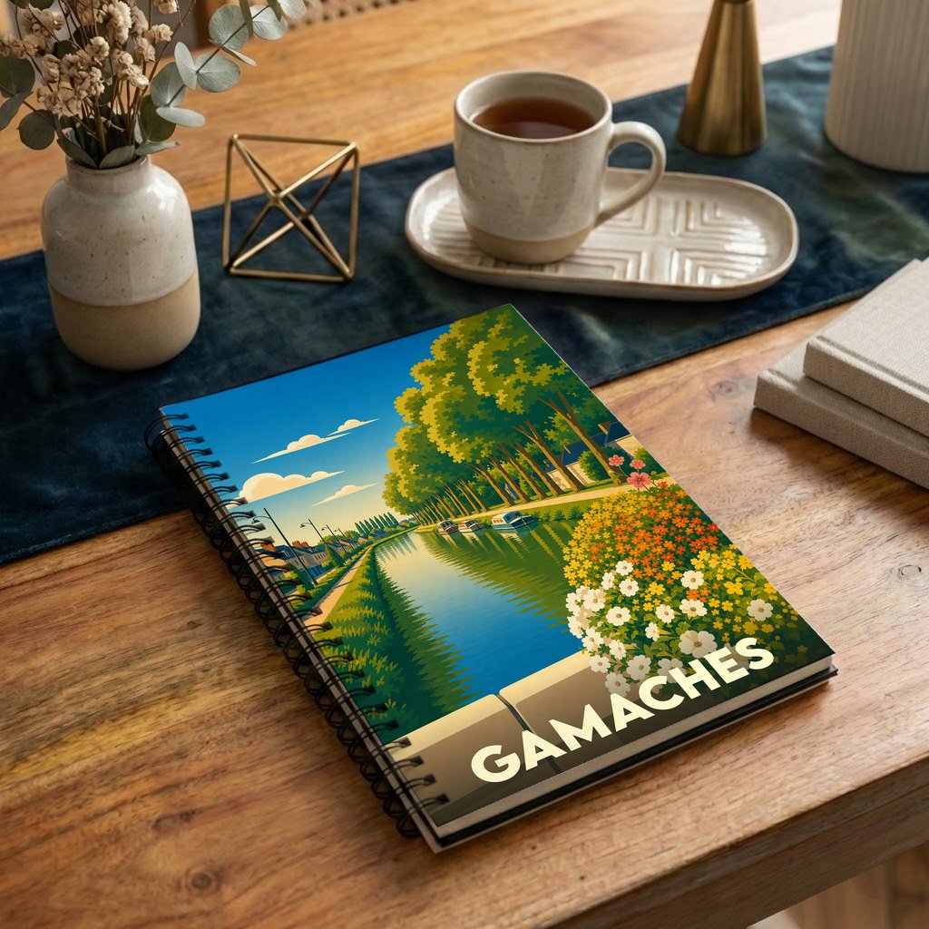 Carnet à spirales souvenir de la ville de Gamaches avec une illustration stylisée d'un canal bordé d'arbres.
