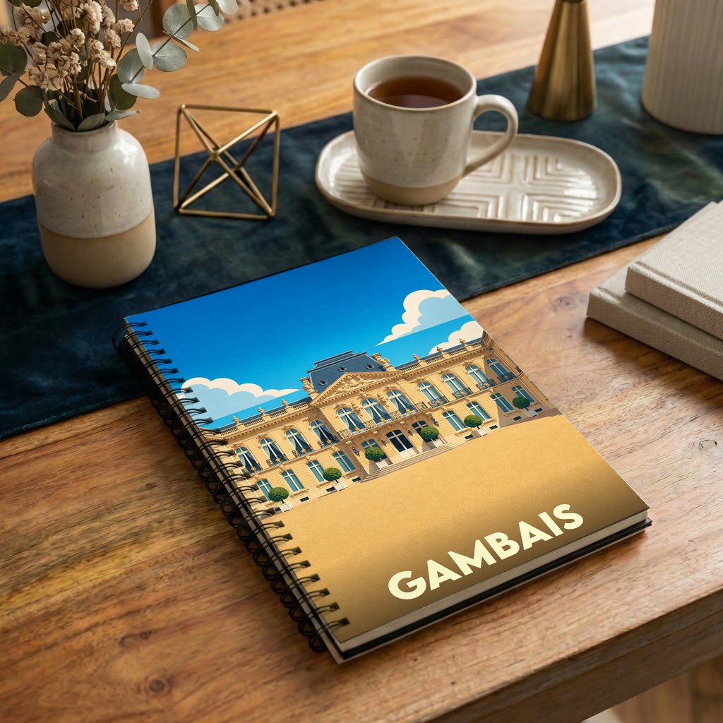 Carnet à spirales souvenir de la ville de Gambais illustré d'un château majestueux sous un ciel bleu.