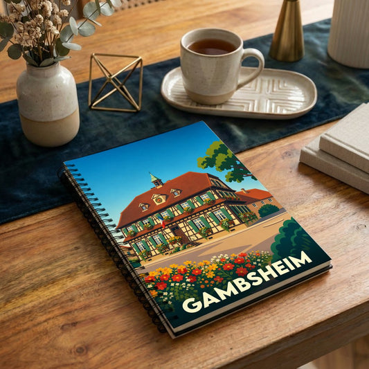 Carnet souvenir de la ville de Gambsheim avec une illustration stylisée d'une maison traditionnelle à colombages.