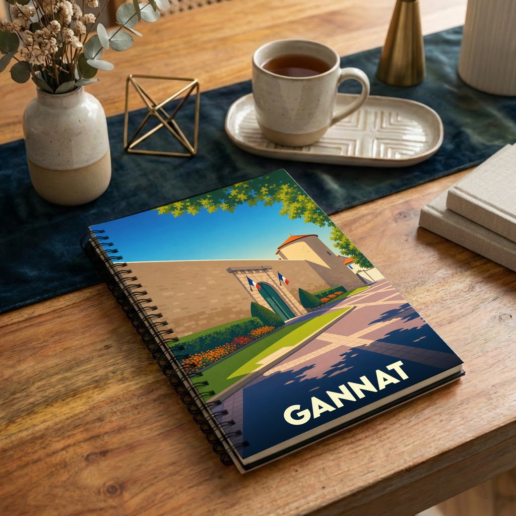 Carnet de notes à spirales souvenir de la ville de Gannat avec une illustration stylisée de son château.