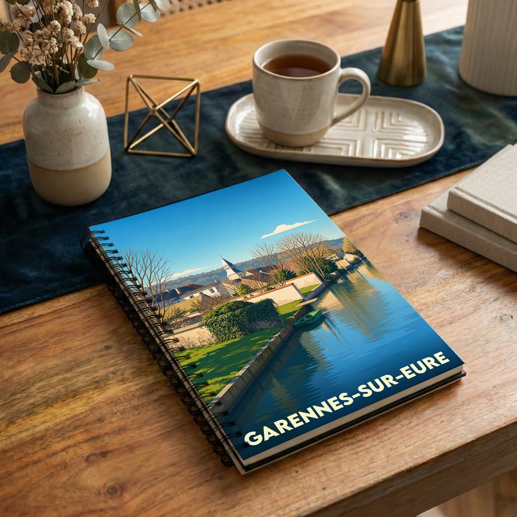 Carnet à spirales souvenir de la ville de Garennes-sur-Eure avec une illustration stylisée des bords de l'Eure.