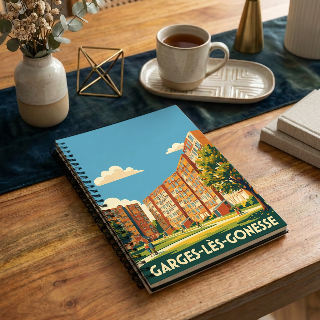 Carnet à spirales souvenir de la ville de Garges-lès-Gonesse avec une illustration urbaine stylisée.