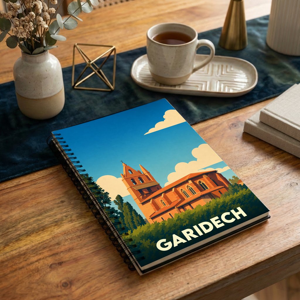 Carnet à spirales souvenir de la ville de Garidech arborant une illustration stylisée de son église sous un ciel azur.