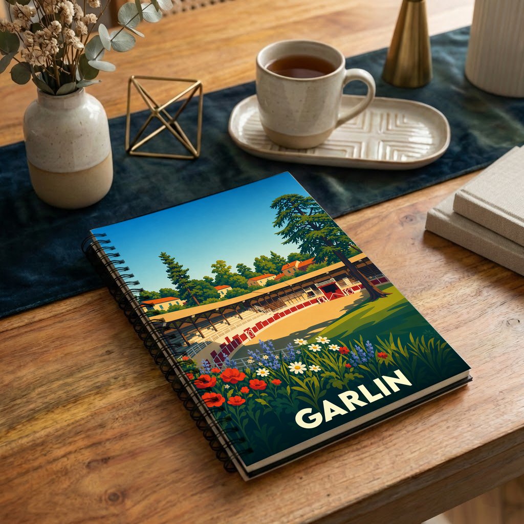 Carnet à spirale souvenir de la ville de Garlin avec une illustration stylisée de ses arènes.