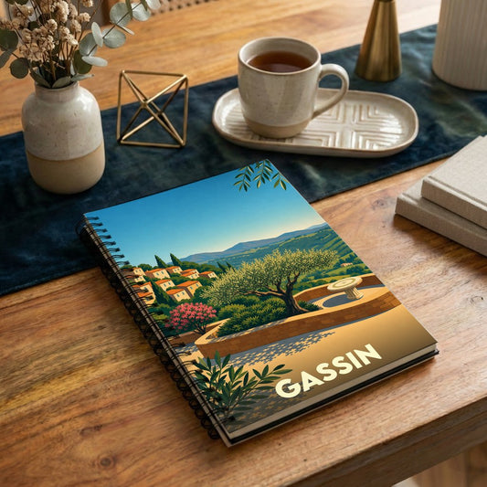 Carnet à spirales souvenir de la ville de Gassin avec une illustration stylisée de son paysage provençal.
