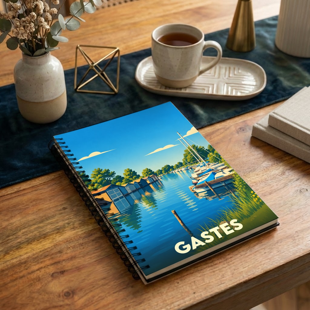 Carnet à spirales souvenir de la ville de Gastes avec une illustration stylisée de son port.