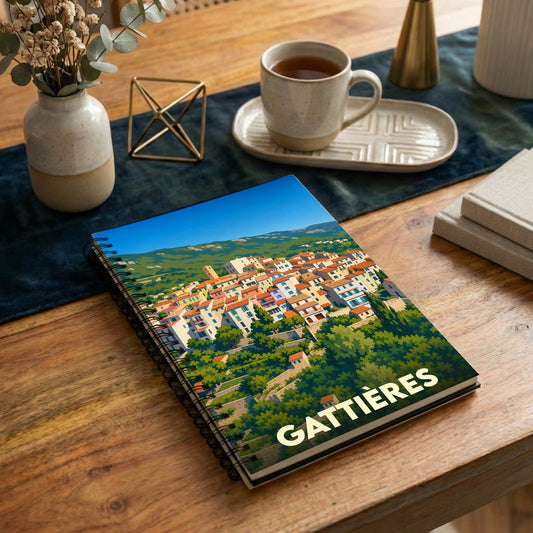Carnet à spirales souvenir de la ville de Gattières avec une illustration stylisée et colorée.